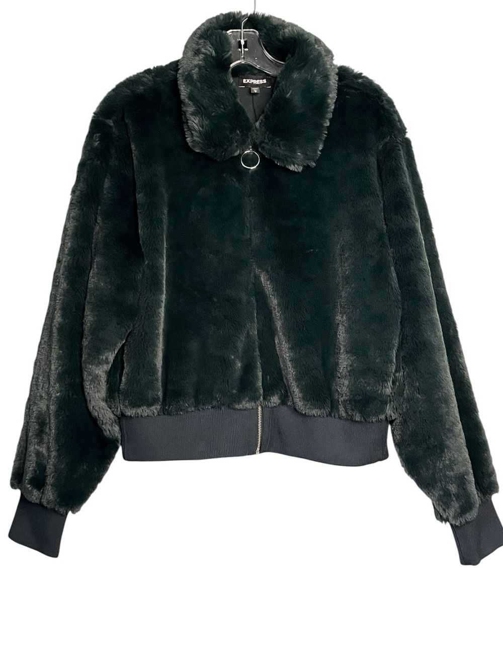 NWT Express Emerald Forest Green Plush Faux Fur Zip Front Bomber Jacket Sz L